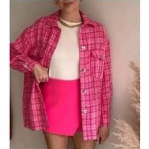 Zara Tweed Textured Woven Plaid Frayed Overshirt Shacket Shirt Jacket Pink S